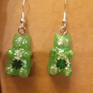 Green glittery St Patrick's day bear earrings